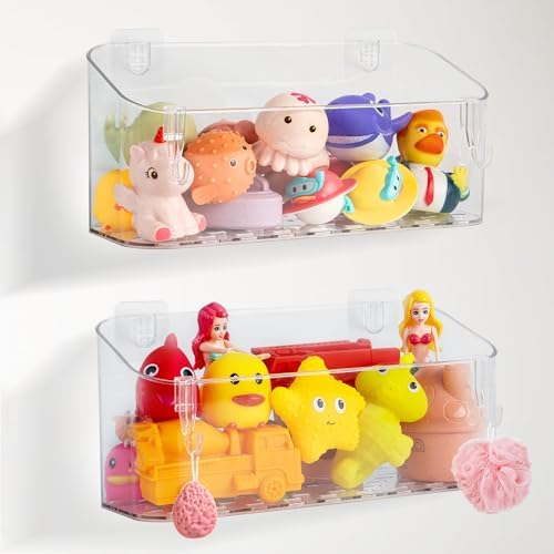 Bath Toy Storage for Baby & Toddler, 2 Pack Clear Adhesive Shower Caddy by MUMUQ
