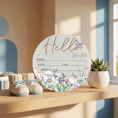Birth Announcement Sign Hello World Baby Name Wood Butterfly Theme - Image 6