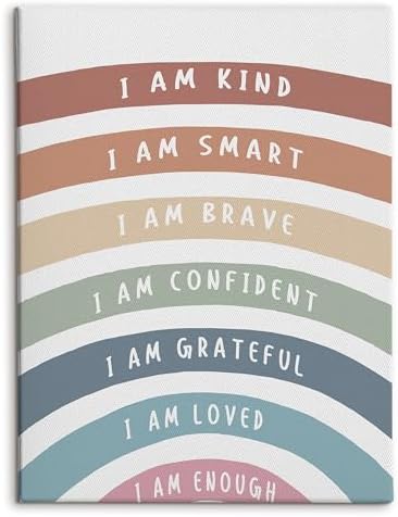 HRQKO Boho Inspirational I Am Kind Canvas Wall Art, Motivational Boho Rainbow by HRQKO