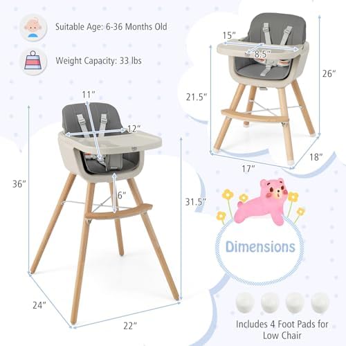 BABY JOY Baby High Chair, 3-in-1 Convertible Wooden Highchair - Image 6