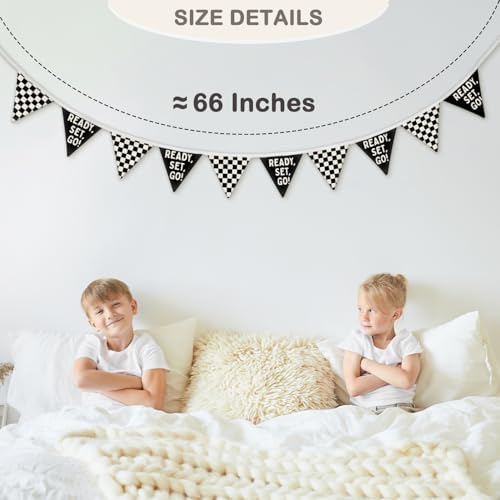 Race Car Room Decor for Boys Canvas Linen Garland Triangle Banners, Ready Set - Image 4
