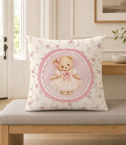 Pink Bear Throw Pillow Cover 18x18, Floral Bow Girls Room Decor - Image 5