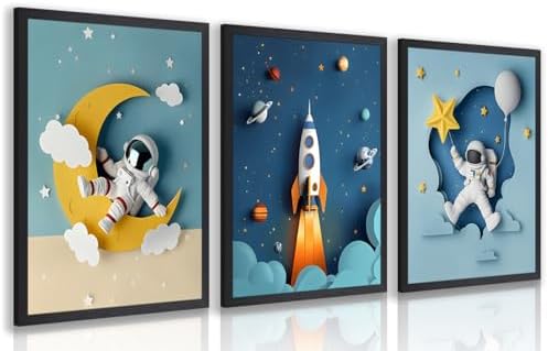 PORENY Astronaut Nursery Wall Art Set of 3, Rocket Moon Planet Canvas Prints by Unknown