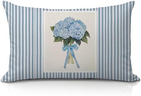 Blue Hydrangea Floral 12x20 Pillow Cover, Preppy Girly Hydrangea Flower Striped by Unknown