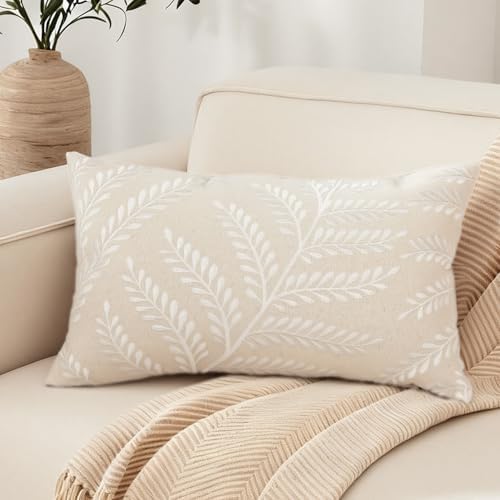 Embroidered Throw Pillow Cover 12x 20, Classical Boho Leaves Natural Linen by RinRinfam