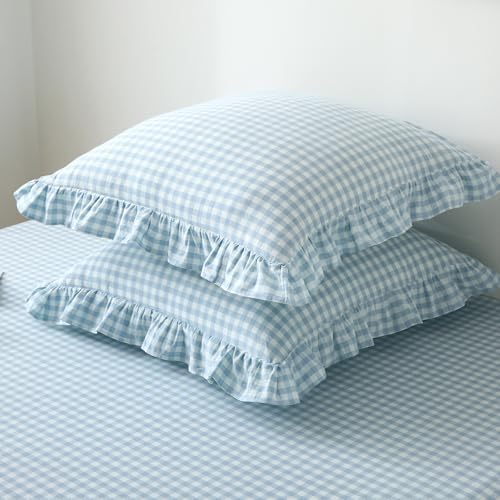 2 Pack Light Blue Gingham Ruffle Throw Pillow Covers 22''x22'' - Image 3
