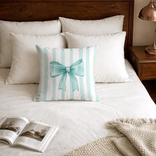Aqua Bow Decorative Throw Pillow 18x18 Inch – Cute Blush Pink Striped Pillow - Image 5