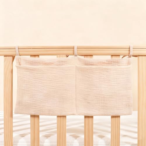Muslin Cotton Baby Bedside Hanging Storage Bag, 2-Pocket Crib Diaper Caddy - Image 2