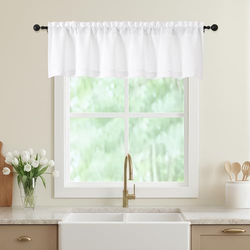 White Valances for Windows, Light Filtering Faux Linen Textured Small Short by WelvetBLK