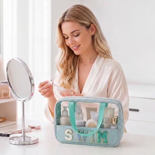 Sanwuta Seersucker Swim Bag Chenille Letter Clear Makeup Bag - Image 5