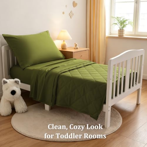 BEDSUM 4pc Toddler Cooling Bedding Set, Rayon Made from Bamboo, Olive Green - Image 2
