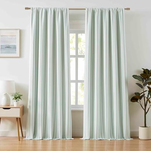 ZJDECOR Green White Cotton Blend Blackout Stripe Curtain Panels 95 Inch by ZJDECOR
