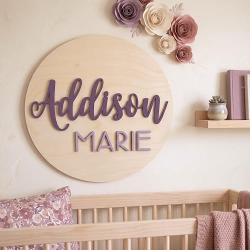 Personalized Round Nursery Name Sign, Custom 3D Wooden Name Announcement Sign - Image 6