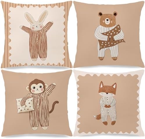 Earthy Bear Bunny Fox Monkey Animals Pillow Covers 18x18 Set of 4, Farm Boy by Unknown