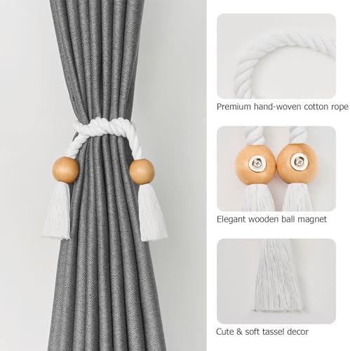 NICEEC 4 Pack Wooden Ball Magnetic Curtain Tiebacks Boho Home Decor Drape Tie - Image 3
