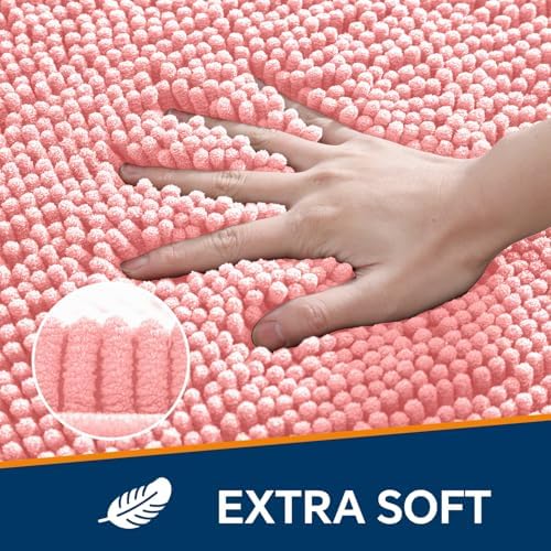 Chenille Bathroom Rug 20"x32" Pink, Non-Slip Plush Bath Mat - Image 3