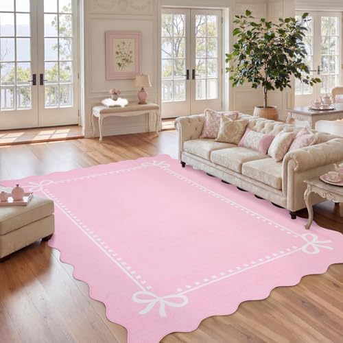 Garvee Scalloped Bow Rug for Living Room Washable Solid Pink 6x9 Area Rugs by Garvee