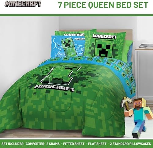 Minecraft Creeper Queen Comforter Set 7 Piece Kids Bedding - Image 2