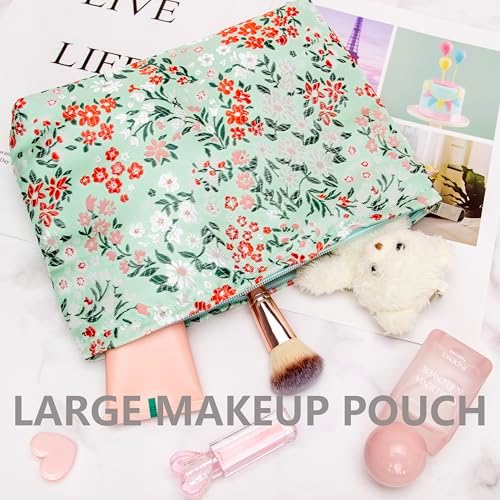Flat Makeup Bag for Women, Zipper Cosmetic Pouch for Purse, Brocade Green - Image 5