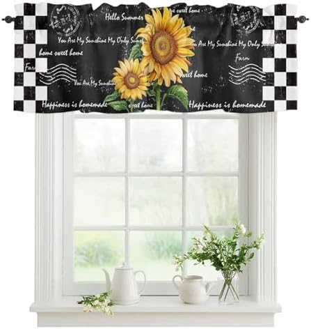 Buffalo Plaid Valance Curtains For Windows, Farmhouse Sunflower Rod Pocket by VandarllinHomeKitchenDecor