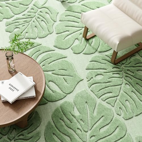 Sage Green Monstera 6x6 Round Area Rugs High-Low Plush Pile Washable - Image 5