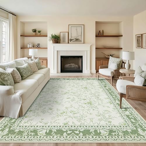 BILEEHOME Floral Area Rug for Bedroom 5x8 Sage Green and Cream Beige Vintage by BILEEHOME