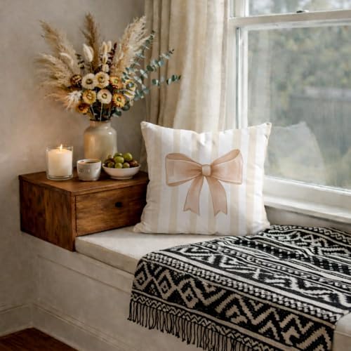 Beige Bow Decorative Throw Pillow 18x18 Inch – Cute Blush Pink Striped Pillow - Image 6