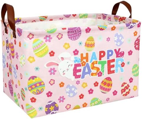 Pink Easter Basket for Kid Large Empty Baby Rectangular Cute Easter Gift by ASKETAM