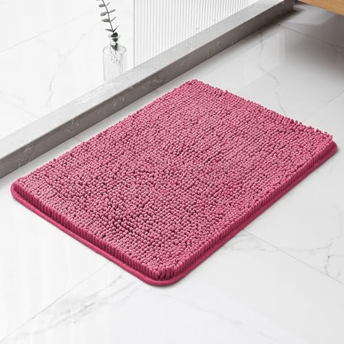 Chenille Bathroom Rug 17"x24" Hot Pink, Non-Slip Plush Bath Mat by Kildoss
