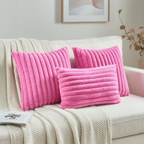 FUTEI Pack of 2 Faux Fur Throw Pillow Covers 12x20 Inch, Hot Pink - Image 4