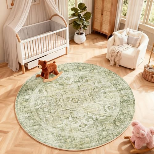 4ft Washable Round Rugs for Bedroom: Circle Living Room Rug Boho Vintage Non - Image 5