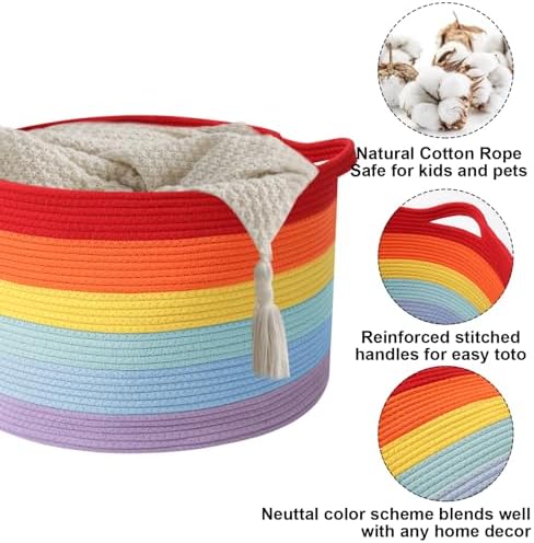 65L Large Blanket Basket, Rope Woven Laundry Basket-Rainbow - Image 3