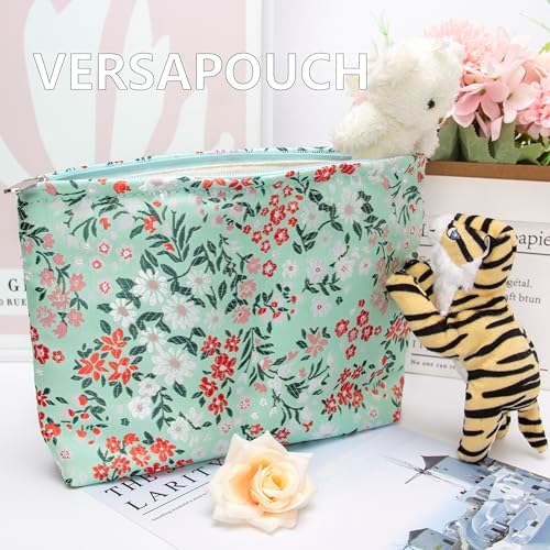 Flat Makeup Bag for Women, Zipper Cosmetic Pouch for Purse, Brocade Green - Image 6