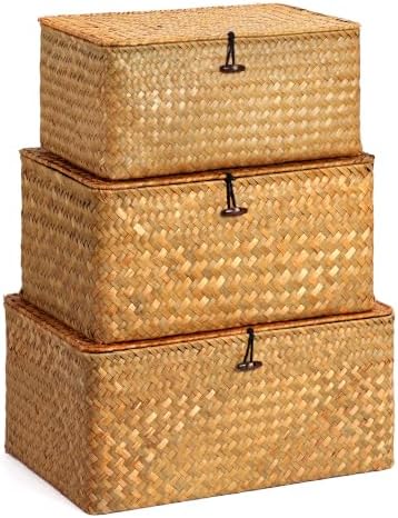Nonam Large Wicker Basket with Lid, Seagrass Shelf Basket Set of 3 by Home