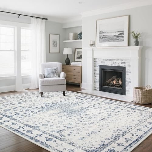 8x10 Washable Area Rugs for Living Room, Dining Room- Blue White by Srugn