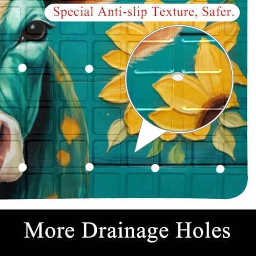 Shower Mat Non Slip, Cow Sunflower on Teal Plank Anti Slip Bath Mat - Image 2