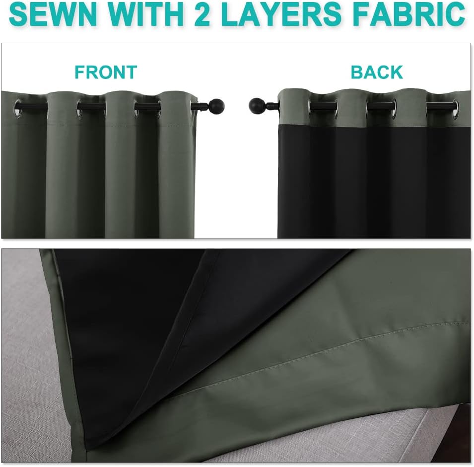 NICETOWN Dark Mallard 100% Blackout Lined Curtains, 2 Thick Layers Completely Blackout Window Treatment Panels Thermal Insulated Drapes for Kitchen (1 Pair, 42" Width x 63" Length Each Panel)