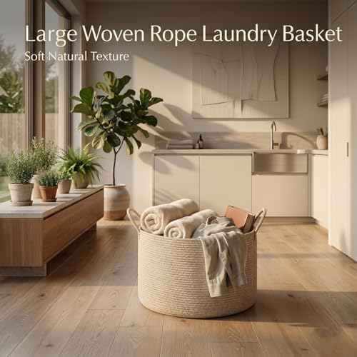 Extra Large Woven Throw Blanket Basket, 20 x 12 in, Natural Beige - Image 3