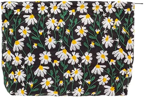 Flat Makeup Bag for Women, Zipper Cosmetic Pouch for Purse, Daisy Black by PAZIMIIK