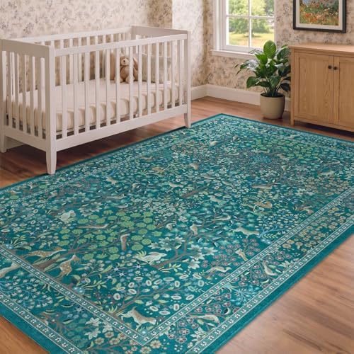 Teal Floral Area Rug 6x9, Low Pile Thin Non Slip Washable Rugs - Image 4