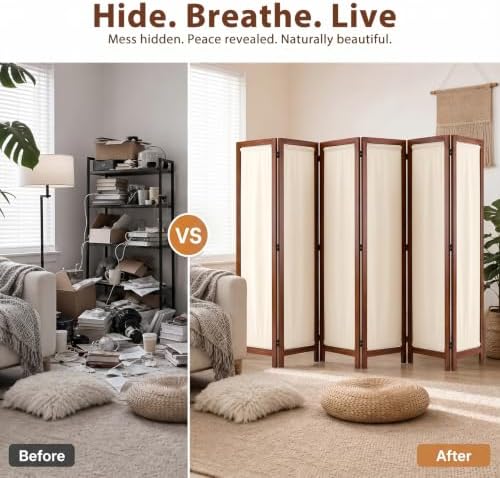 Wood Room Divider Panel with Linen Fabric, Boho Folding Privacy Screen 67" - Image 5