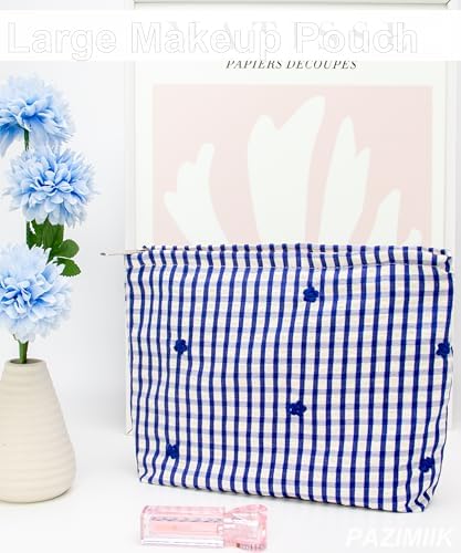 Flat Makeup Bag for Women, Zipper Cosmetic Pouch for Purse, Gingham Blue - Image 5