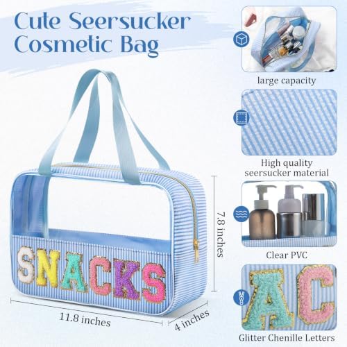 Sanwuta 3 Pcs Seersucker Snacks Bag Chenille Letter Clear Makeup Bag - Image 2