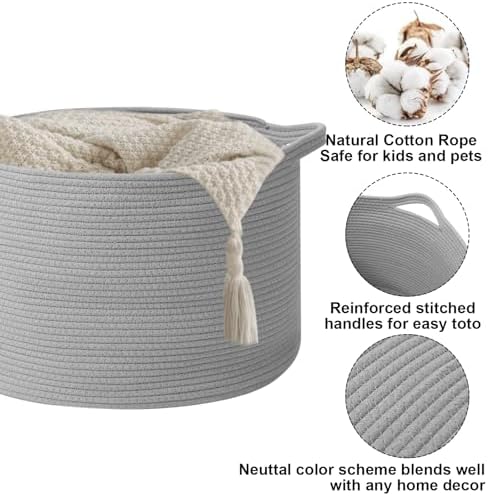 90L Extra Large Blanket Basket, Woven Rope Laundry Basket-Light Grey - Image 3