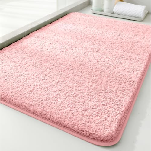 Polyester Bathroom Rug 20"x32" Pink, Non-Slip Soft Shaggy Bath Mat by Kildoss