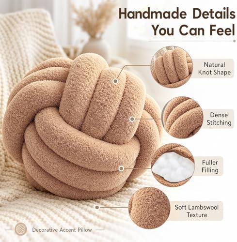 Petrella Khaki Knot Pillow Ball, 11 Inch Round Decorative Pillow - Image 4