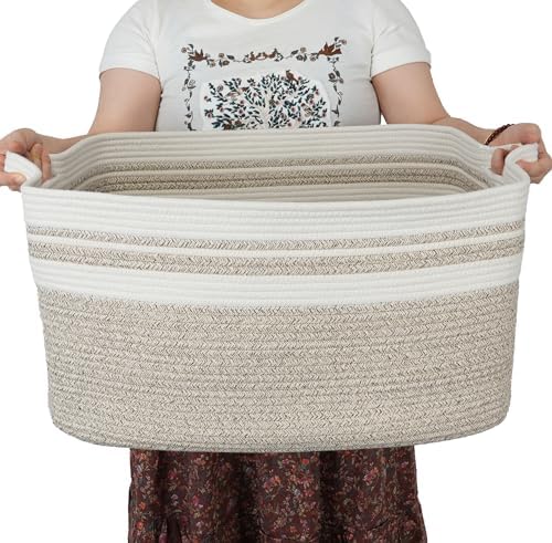 XUANGUO Large Woven Cotton Rope Blanket Basket 22"x17"x12" White Brown by XUANGUO
