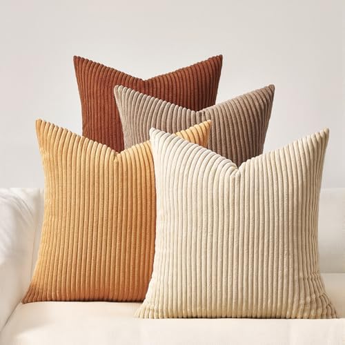 Topfinel Yellow Brown Throw Pillow Covers Rustic Modern Soft Corduroy Striped by Topfinel
