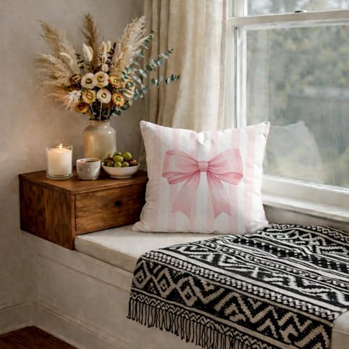 Coquette Pink Bow Striped Pillow Cover 18x18, Girly Ribbon Bow Decorative Throw - Image 6