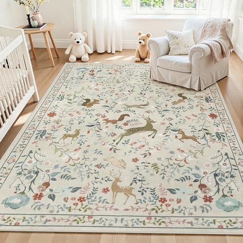 5x7 Area Rugs Boho Floral Washable Living Room Rug Neutral Carpet Nursery by Yidanamy